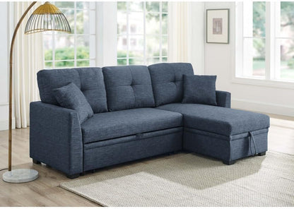 ya 28 10.13 baidi 76.5 Linen Blend Sectional Sofa Blue w/Pull-Out Bed Chaise Storage