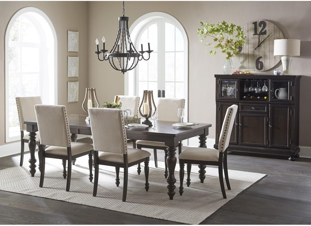 ya 28 10.13 baidi Brown Finish Table 7pc Dining Set w Leaf Beige 6X Side Chairs