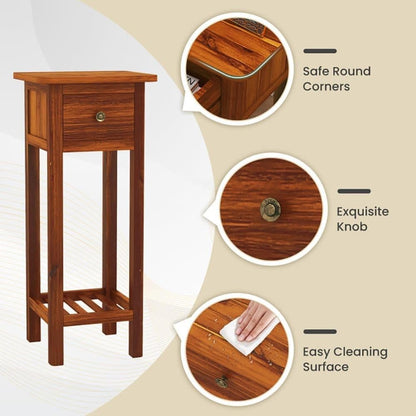 ya 28 10.13 baidi Brown 2 Tier Slim Nightstand Bedside Table Drawer Shelf Vintage Style