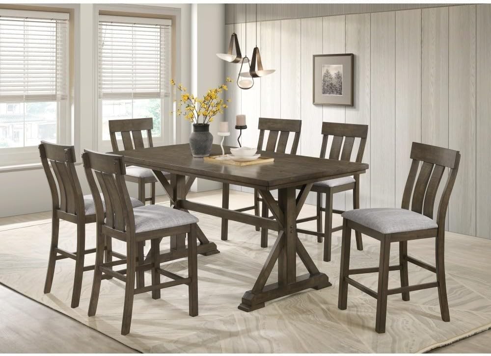 ya 28 10.13 baidi 7pc Counter Height Wood Dining Set Upholstered ,Brown For Dining Room