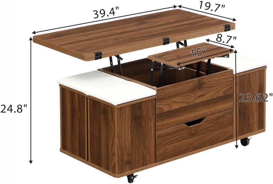 ya 28 10.13 baidi Multi-Functional Lift- Walnut Coffee Table - Hidden Storage, 4 Stools,Caste