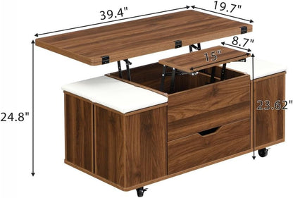 ya 28 10.13 baidi Multi-Functional Lift- Walnut Coffee Table - Hidden Storage, 4 Stools,Caste