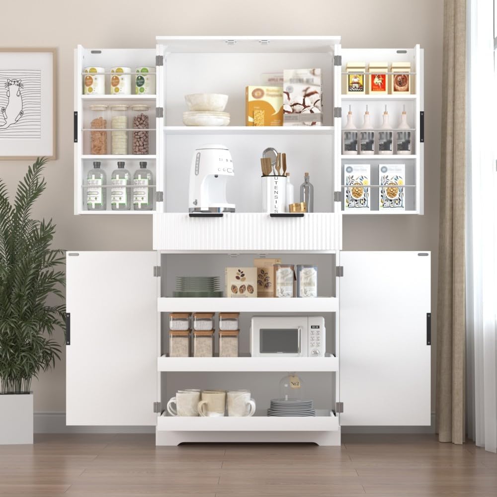 ya 28 10.13 baidi 72 Fluted Kitchen Pantry Cabinet White - Freestanding, 3 Keyboard Drawers