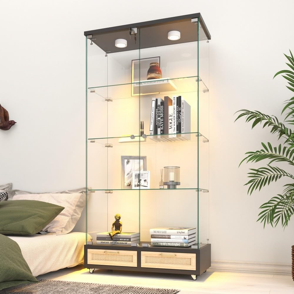 ya 28 10.13 baidi Modern Glass Display Cabinet Black- LED Lights, 2- 4 Shelves, Large Drawers