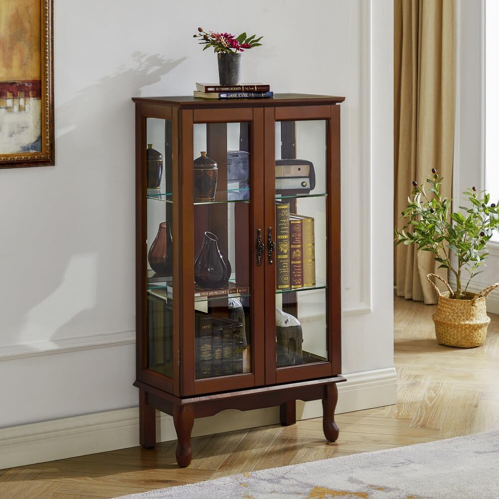 ya 28 10.13 baidi Lighted Curio Cabinet Adjustable Shelves Mirrored Back Tempered Glass Doors