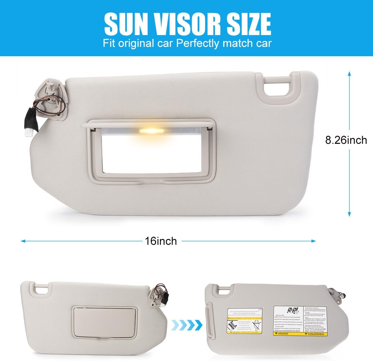 ya 11 9.14 baidiPair RH+LH Interior Sun Visor Shade Grey W/Light for Nissan Pathfinder 2013-2018