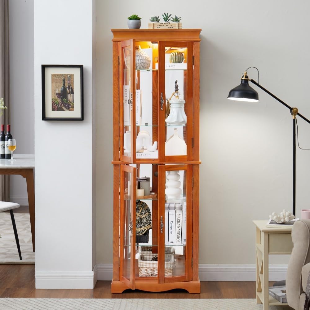 ya 28 10.13 baidi Lighted Glass Curio Display Cabinet - Wood Frame, Bulb Included, Oak