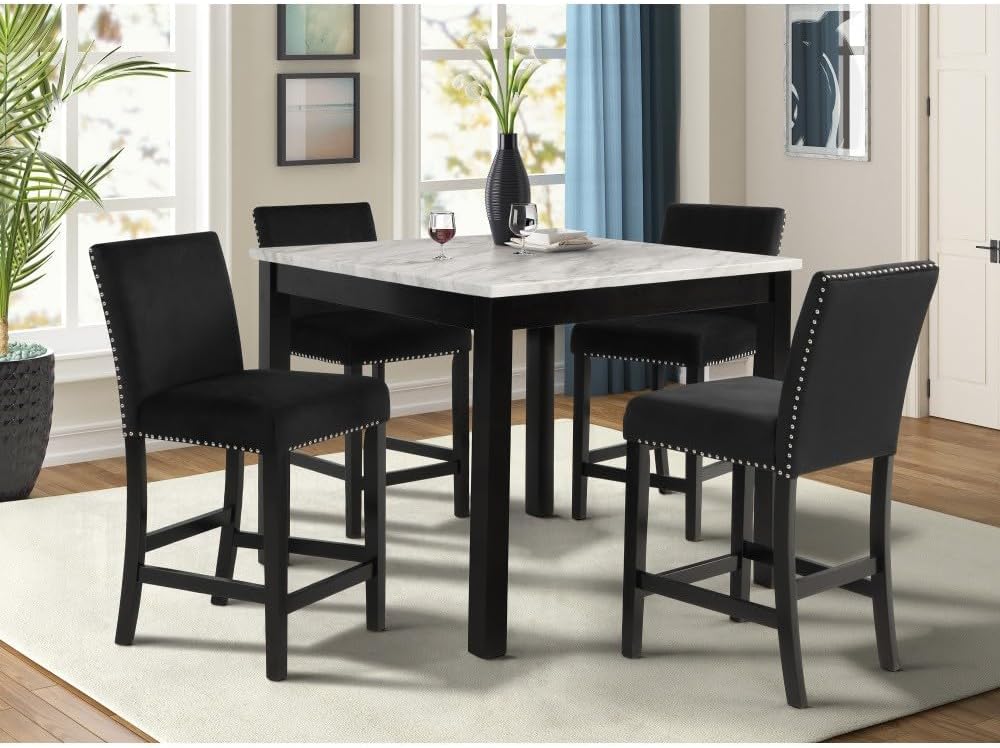 ya 28 10.13 baidi White Faux Marble Square Table&Black Velvet Chairs 5pc Counter Height Dinin