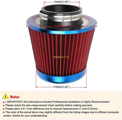 ya 13 9.15 baidi Universal 3/76mm Car Air Filter High Flow Cold Air Intake Dry Cone Replacement
