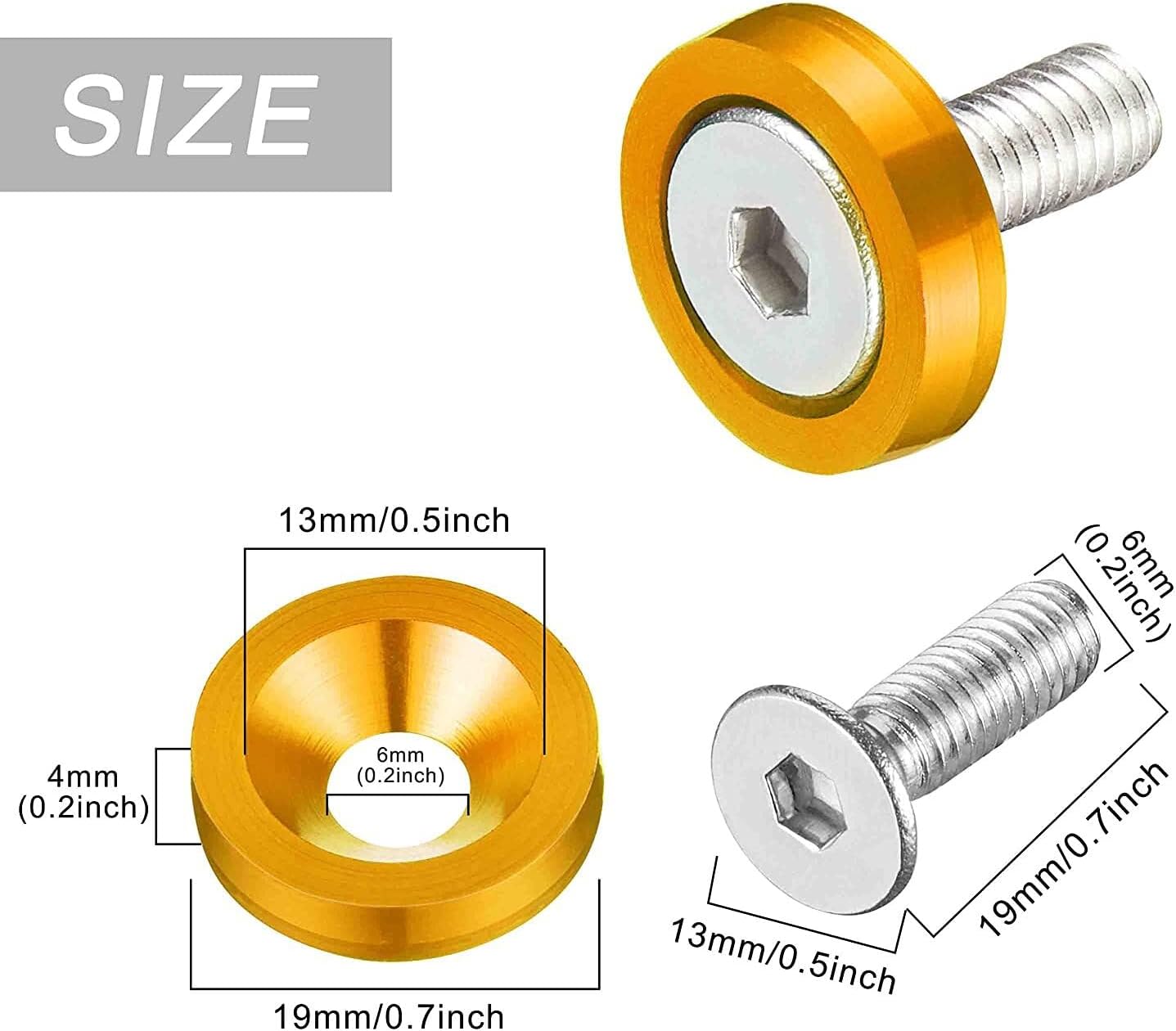 ya 6 8.24 baidi 20PCS Billet Aluminum Fender Bumper Washer Bolt Engine Bay Dress Up Kit M6 Gold