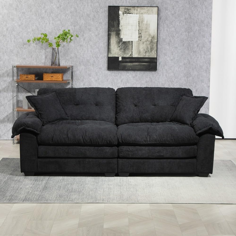 ya 28 10.13 baidi 84 Black Chenille Sofa - Deep Seat, Memory Foam,2 Throw Pillows for Living