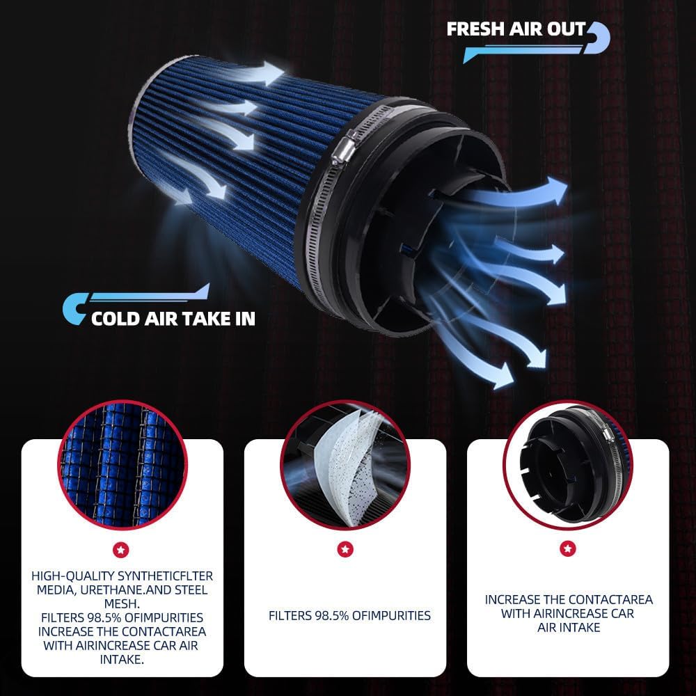 ya 13 9.15 baidi 4'' 102mm Long High Flow Inlet Cone Dry Filter Cold Blue Air Intake Replacement