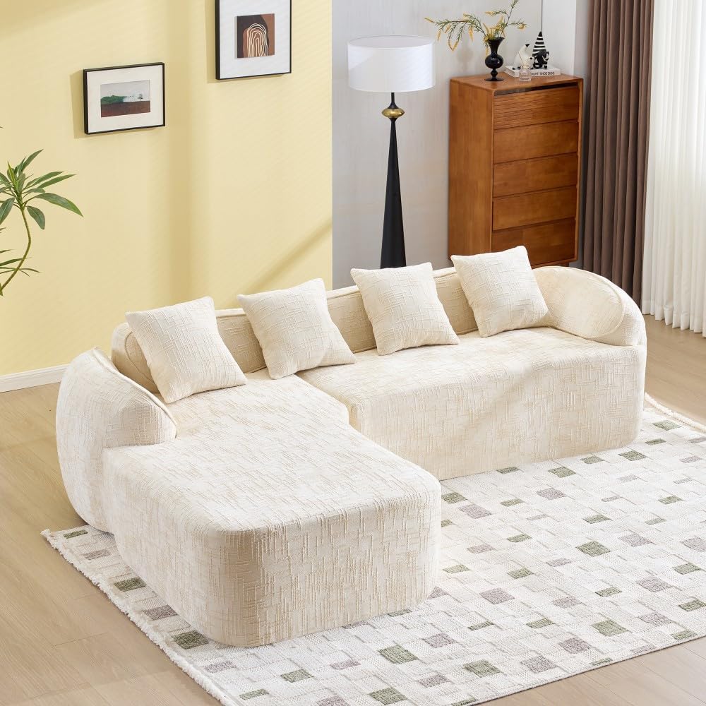 ya 28 10.13 baidi Beige Chenille L-Shaped Sofa w/ -Elastic Sponge, Curved Arms&4 Throw Pillow