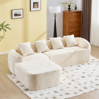 ya 28 10.13 baidi Beige Chenille L-Shaped Sofa w/ -Elastic Sponge, Curved Arms&4 Throw Pillow