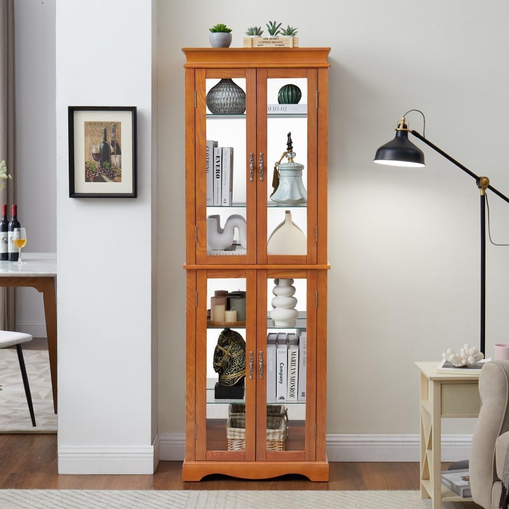 ya 28 10.13 baidi Lighted Glass Curio Display Cabinet - Wood Frame, Bulb Included, Oak