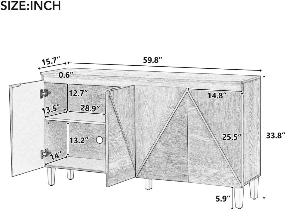 ya 28 10.13 baidi 60 Gray Retro Buffet Cabinet - 4 Dimensional Effect Doors, Adjustable Shel