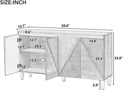 ya 28 10.13 baidi 60 Gray Retro Buffet Cabinet - 4 Dimensional Effect Doors, Adjustable Shel