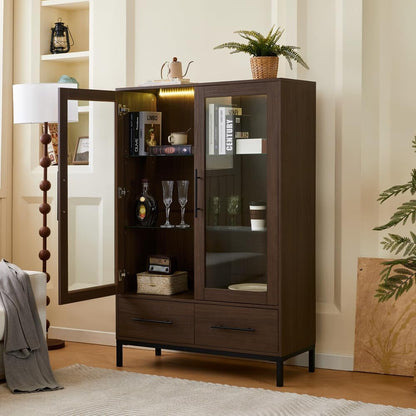 ya 28 10.13 baidi 60'' Tall Display Cabinet Modern w/ Tempered Glass , LED Light, 2 Drawers