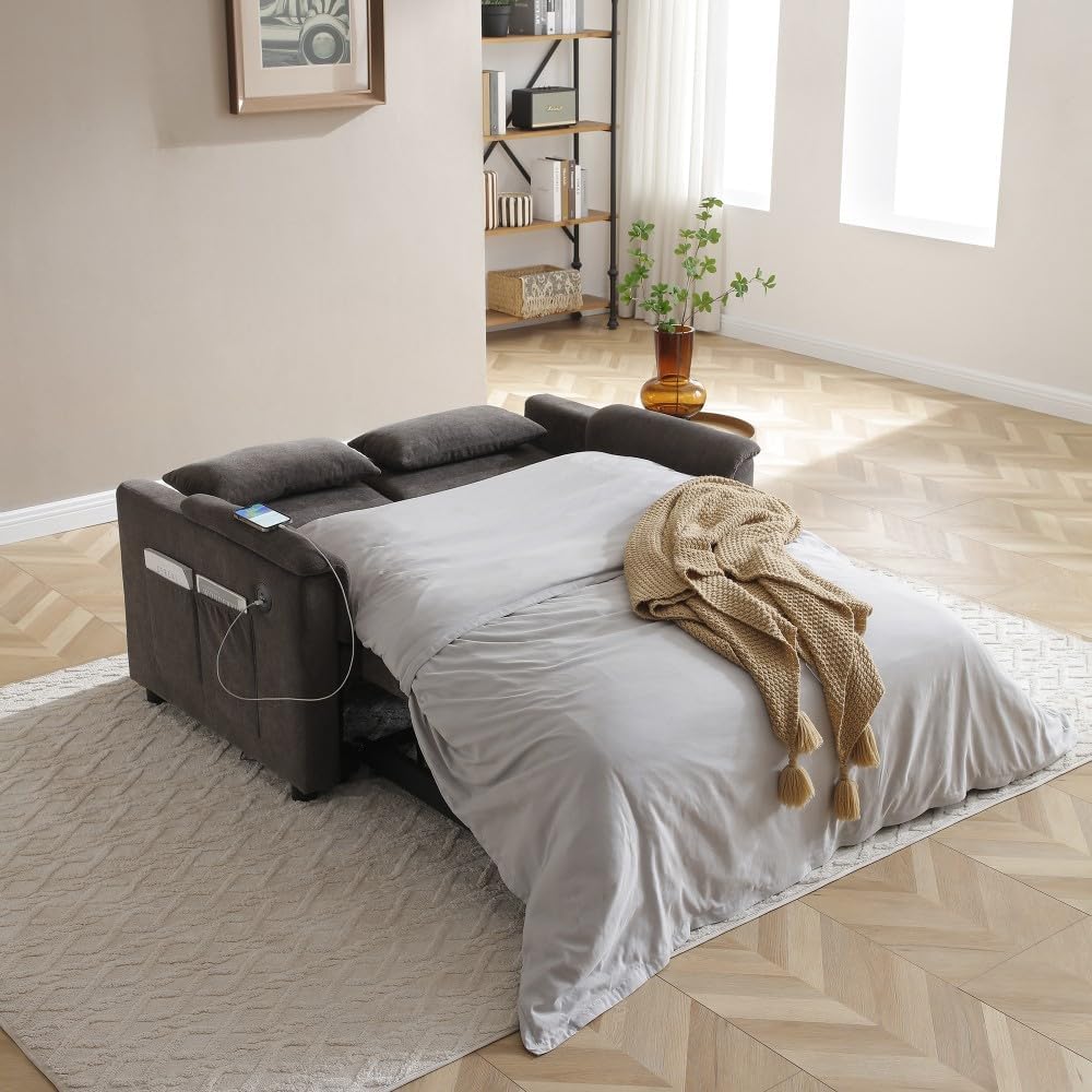 ya 28 10.13 baidi Modern 55 GREY Velvet 2-Seater Pull Out Sofa Bed - 3-in-1, USB, 2 Waist Pi