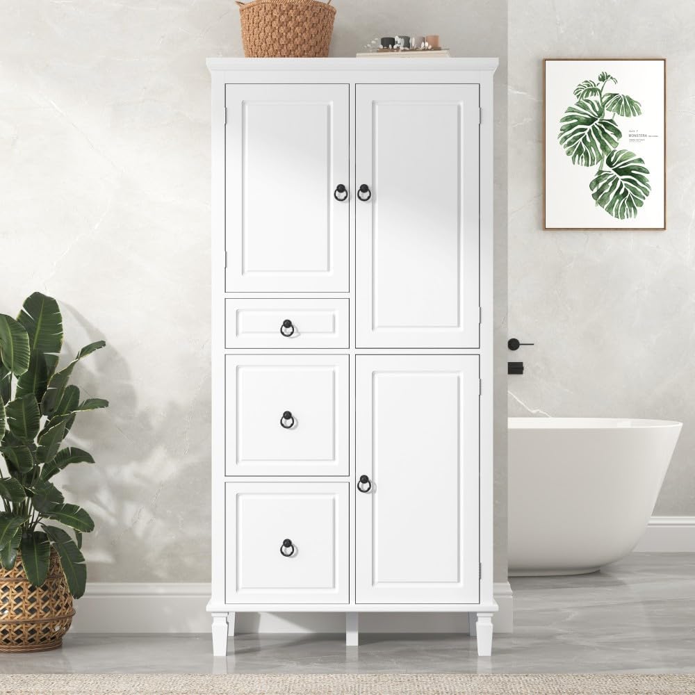 ya 28 10.13 baidi Retro White Multi-Functional Storage Cabinet - Adjustable Shelves, 3 Drawer