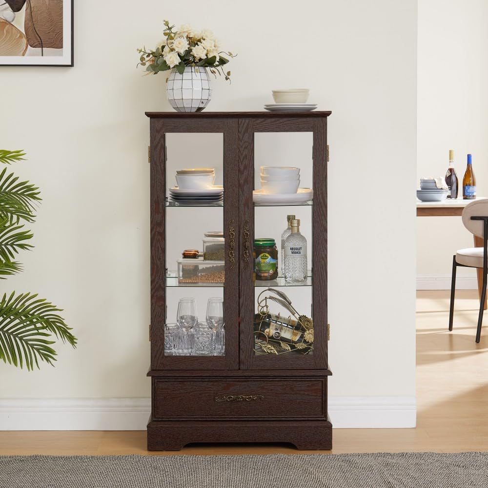 ya 28 10.13 baidi Cherry Lighted Glass Curio Cabinet ¨C Adjustable Glass Shelves, Bulb Include