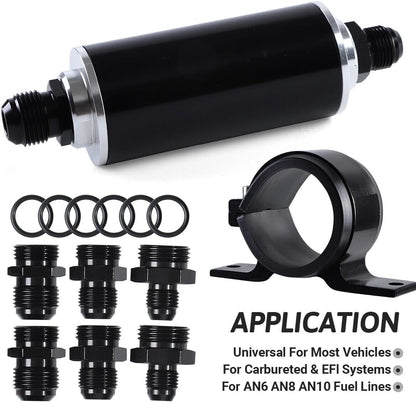 ya 11 9.14 baidi10 Micron Inline Fuel Filter w/ 6AN 8AN 10AN Adapter Fitting 50MM+ Mount Bracket