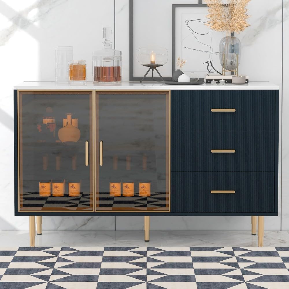 ya 28 10.13 baidi Modern Navy Blue Sideboard MDF Buffet - Amber-Yellow Tempered Glass Doors