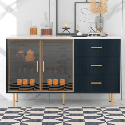 ya 28 10.13 baidi Modern Navy Blue Sideboard MDF Buffet - Amber-Yellow Tempered Glass Doors