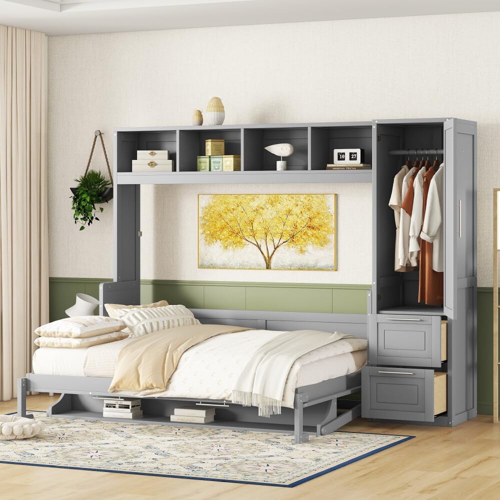 ya 28 10.13 baidi Gray Queen Size Murphy Bed Bed Closet Drawers