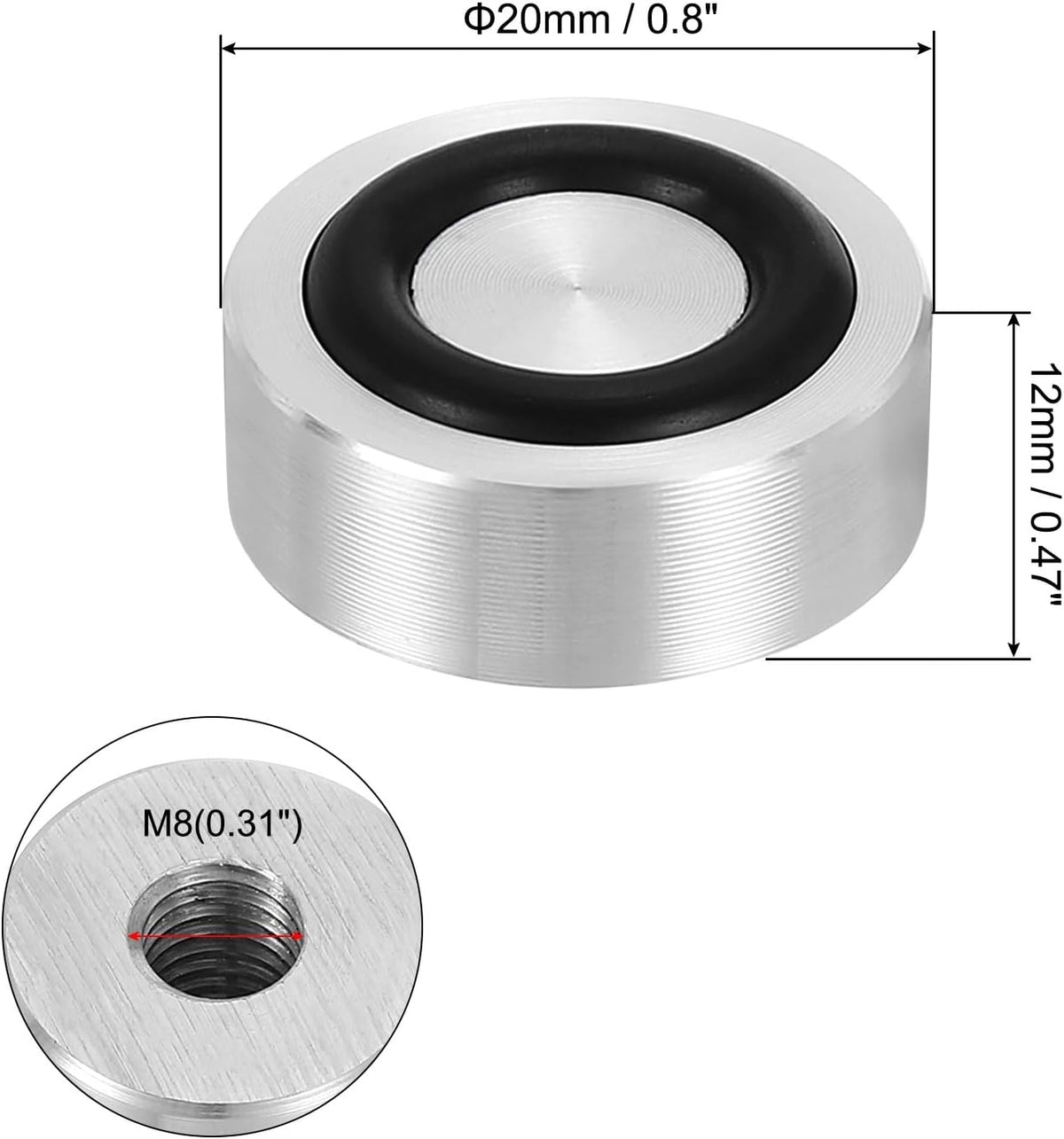 ya 26 10.21 baidi M8 20mm / 0.8 Dia 12mm Aluminum Disc Glass Top Adapter with Rubber Ring 4pcs