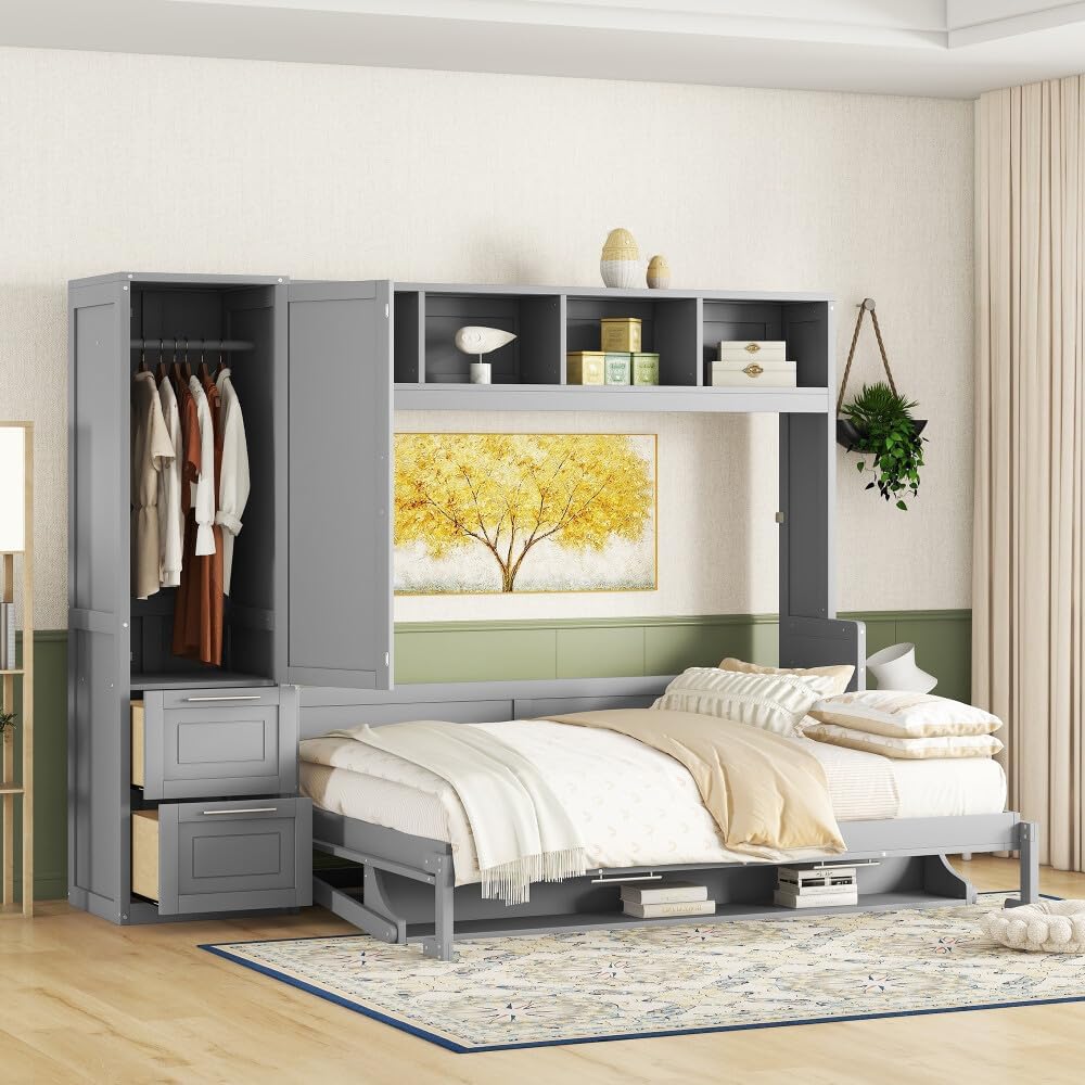 ya 28 10.13 baidi Gray Queen Size Murphy Bed Bed Closet Drawers