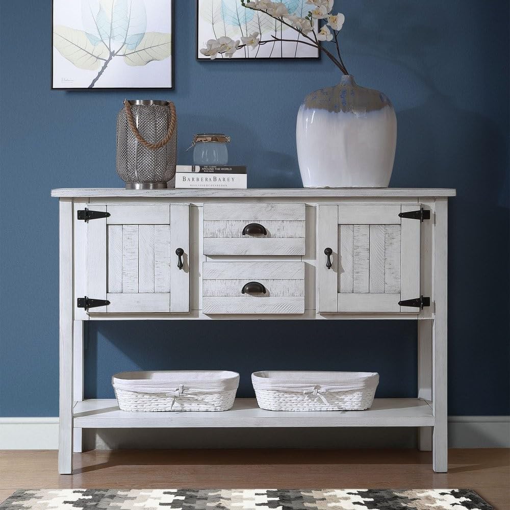 ya 28 10.13 baidi 48'' Solid Wood Sideboard - 2 Drawers+Cabinets+Bottom Shelf Antique White