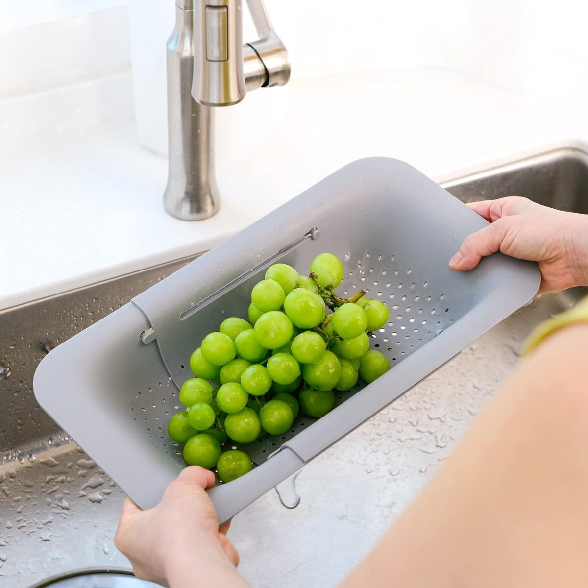 ya 14 9.20 baidi Above Sink Strainer Basket -Washable Vegetables (7.9 W x14-19 L x 2.75 H) - Gray-1