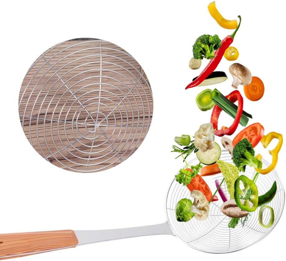 ya 14 9.20 baidi Wood Grain Handle Wire Leak Noodles Strainer Basket Metal Pasta Spoon-1