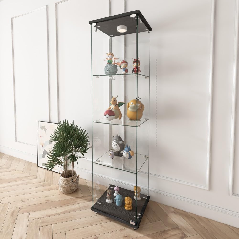 ya 28 10.13 baidi Tempered Glass Black Display Cabinet - LED Lights,1- 4-Shelf for Living Roo