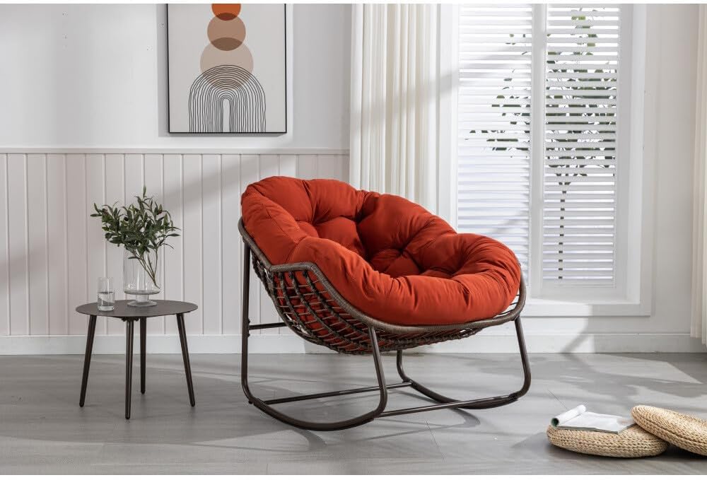 ya 28 10.13 baidi Rattan Rocking Recliner Padded Cushion, Orange - Patio