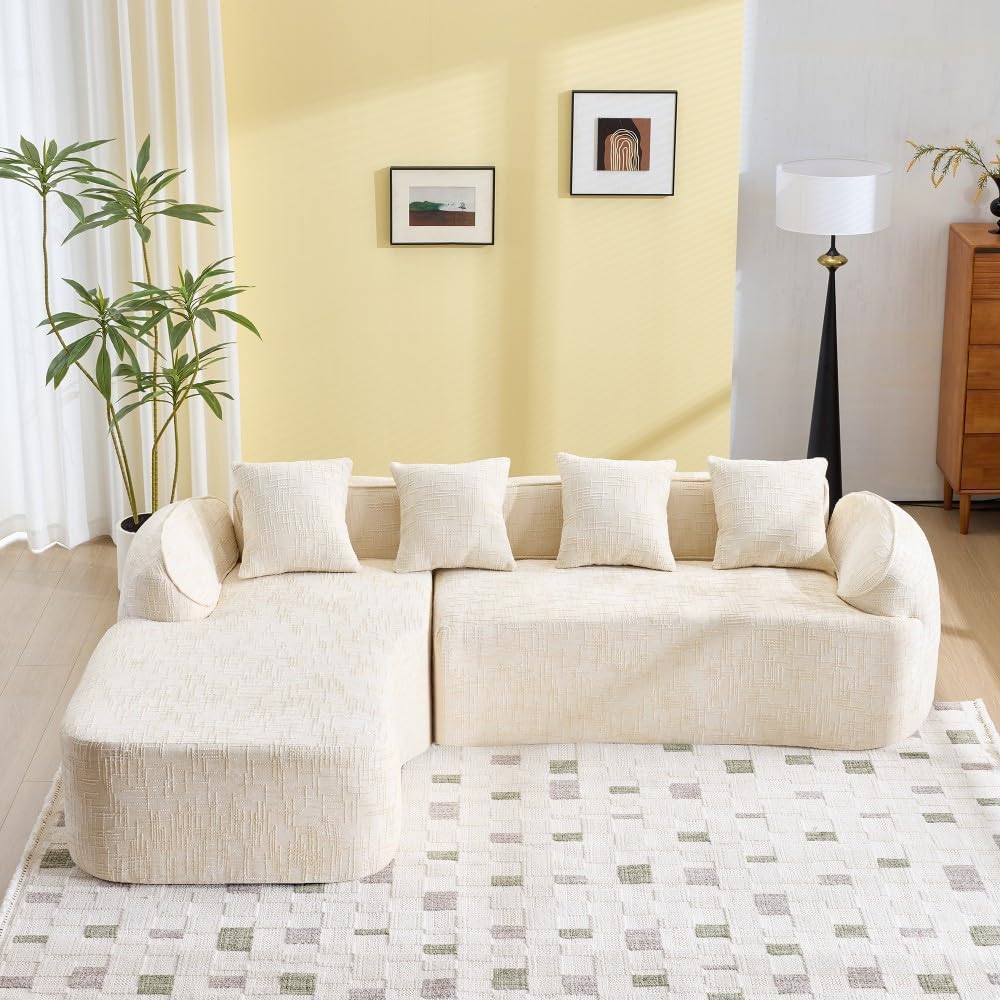 ya 28 10.13 baidi Beige Chenille L-Shaped Sofa w/ -Elastic Sponge, Curved Arms&4 Throw Pillow