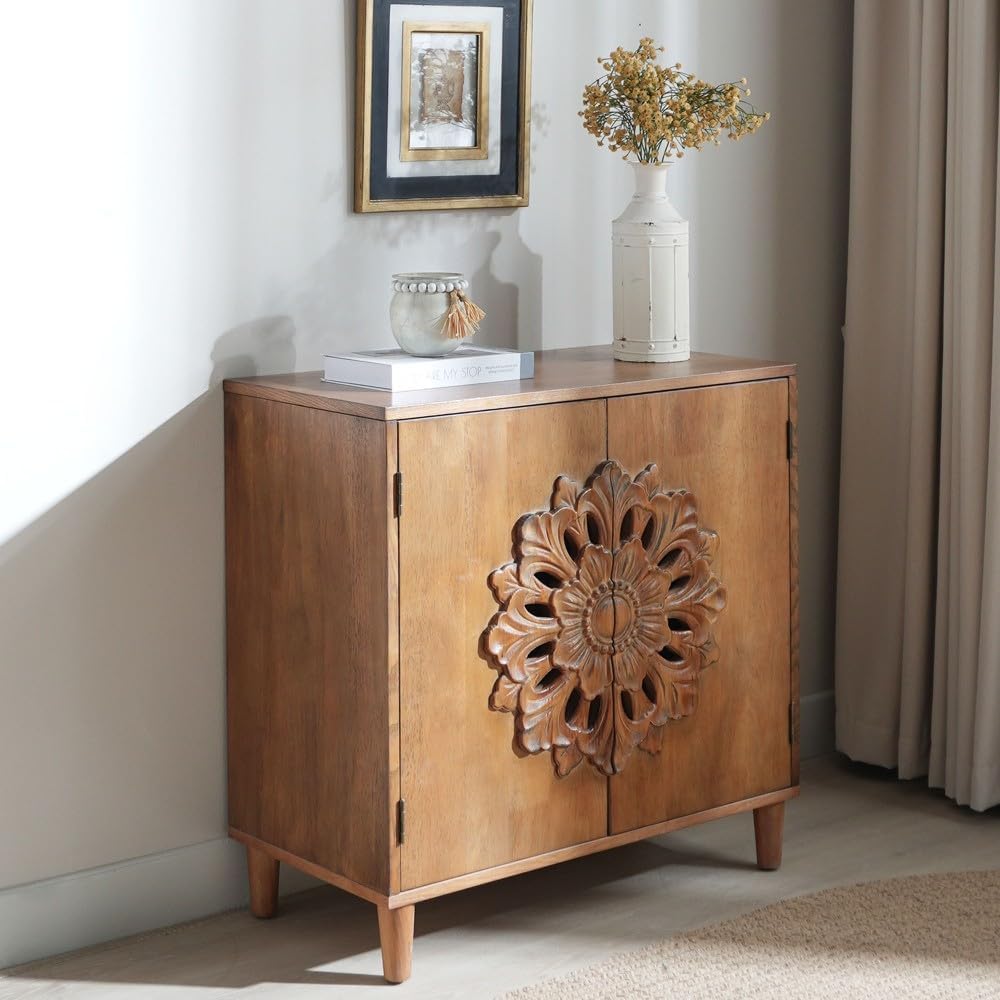 ya 28 10.13 baidi For Living Room,Brown Rustic Hand-Carved Solid Wood 2- Cabinet -Sideboard