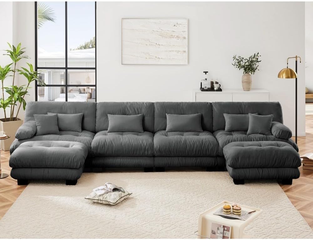 ya 28 10.13 baidi Chenille Modular Sofa Gray,4-Seater Cloud Couch + 2 Ottomans, Combination