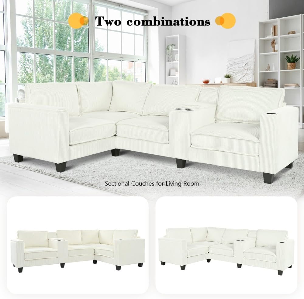 ya 28 10.13 baidi L-Shaped Beige 4-Seater Corduroy Sofa,Storage Armrests+Console,Switchable S