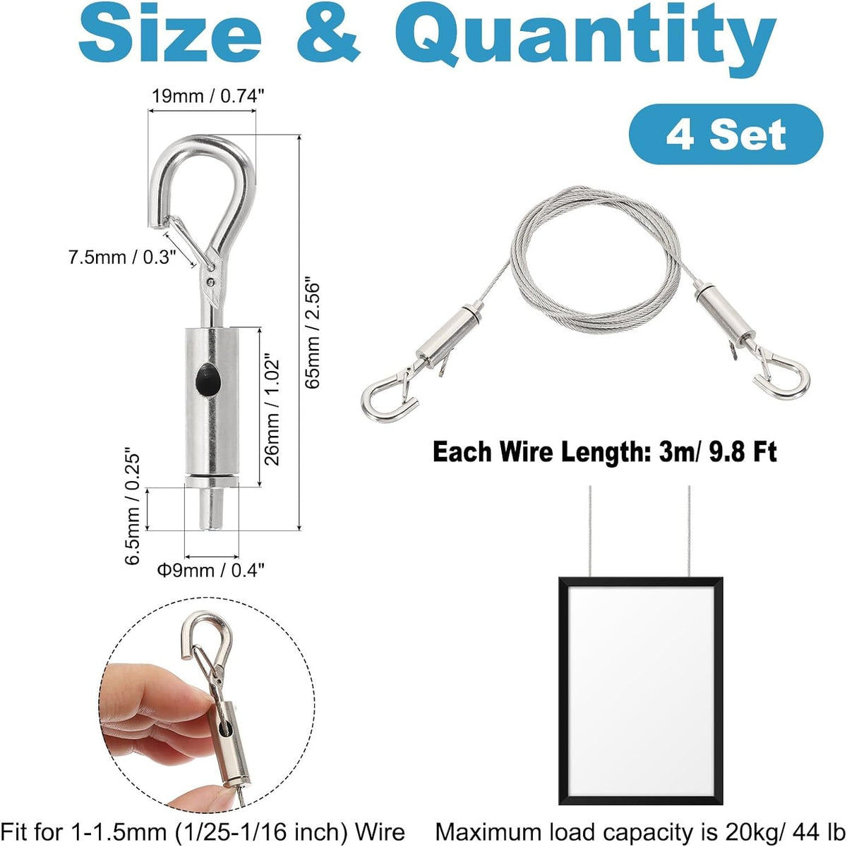 ya 26 10.21 baidi 4 Pcs 3 Meters x 1.5mm Heavy Duty Adjustable Picture Hanging Wire Kit