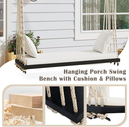 ya 28 10.13 baidi For Garden Black Patio Wooden Swing - W/Cushion&Pillows, 10.8Ft Hemp Ropes