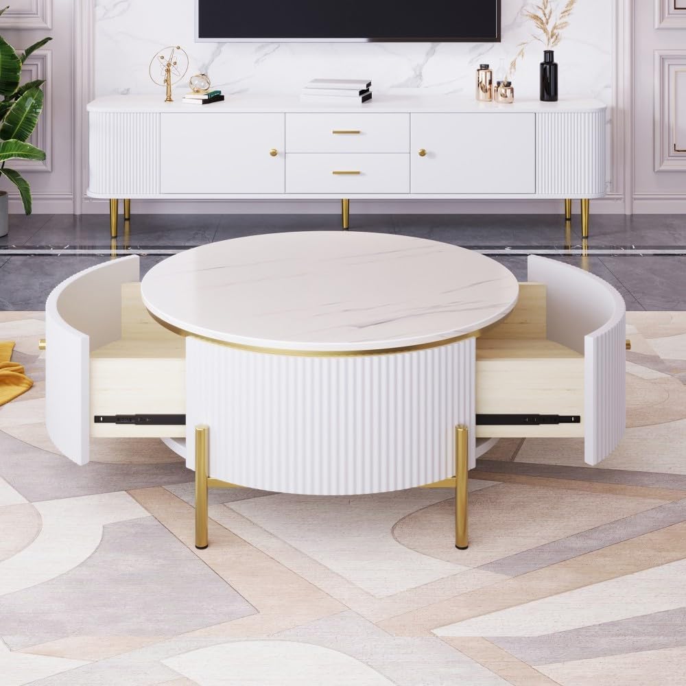 ya 28 10.13 baidi Modern Round Coffee Table 2 Large Drawers Storage Accent Table(31.5'')