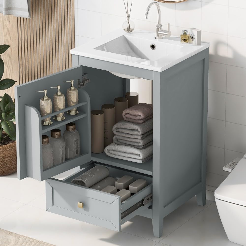 ya 28 10.13 baidi 20 Bathroom Vanity Sink - Soft Closing, Storage, 1 Drawer Grey