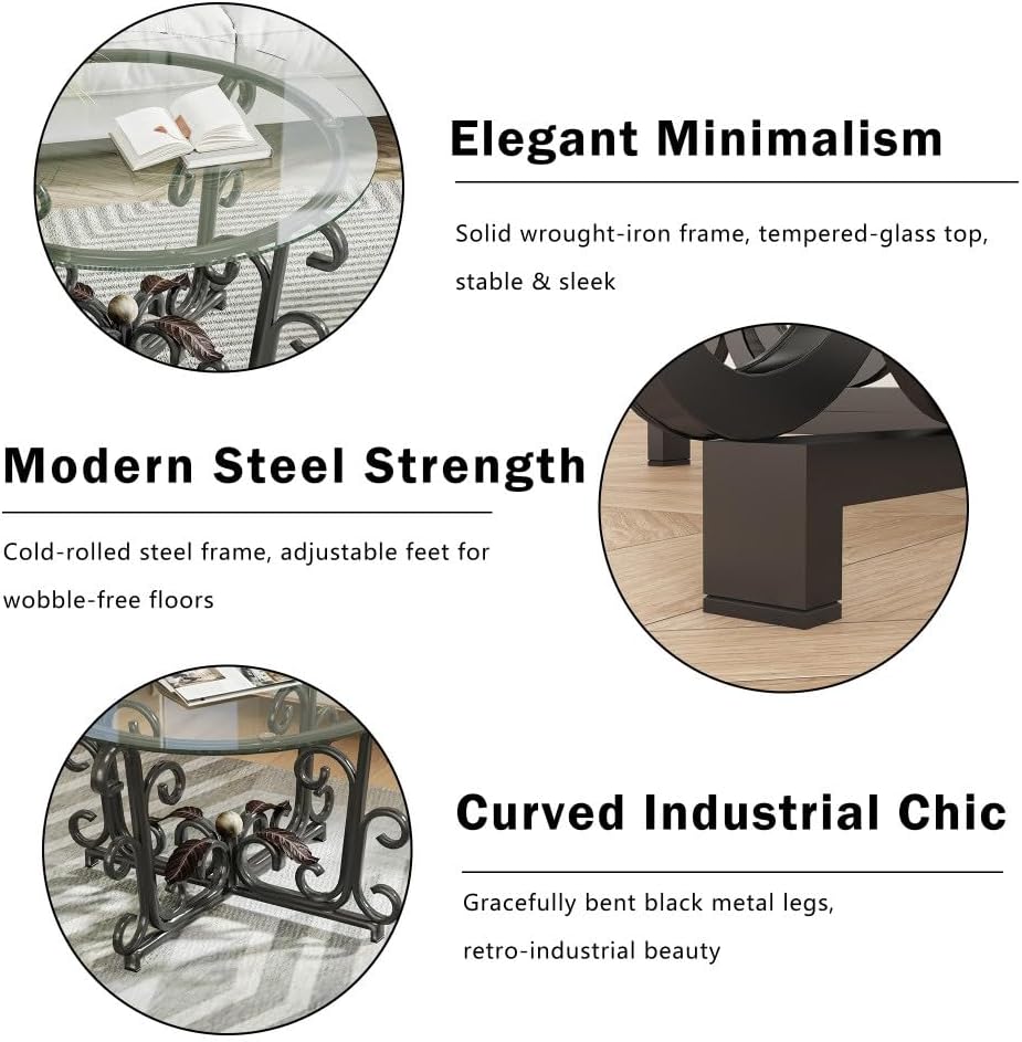 ya 28 10.13 baidi 3-Piece Black Coffee Table Set-Tempered Glass/Metal Frame,1 Coffee+2 End Ta