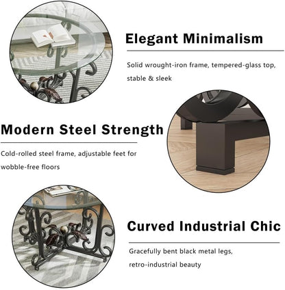 ya 28 10.13 baidi 3-Piece Black Coffee Table Set-Tempered Glass/Metal Frame,1 Coffee+2 End Ta