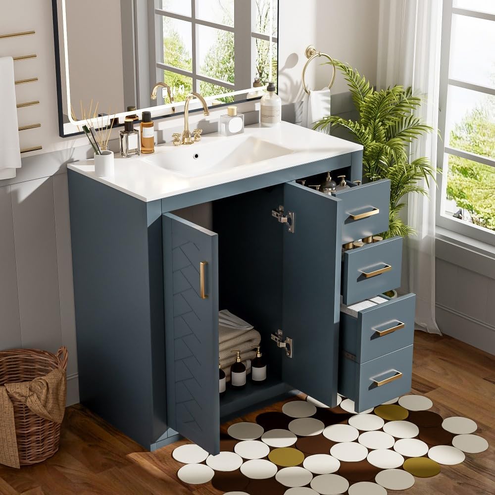 ya 28 10.13 baidi 36'' Blue Bathroom Vanity w/Ceramic Sink Combo - Solid Wood Frame, 3 Drawer
