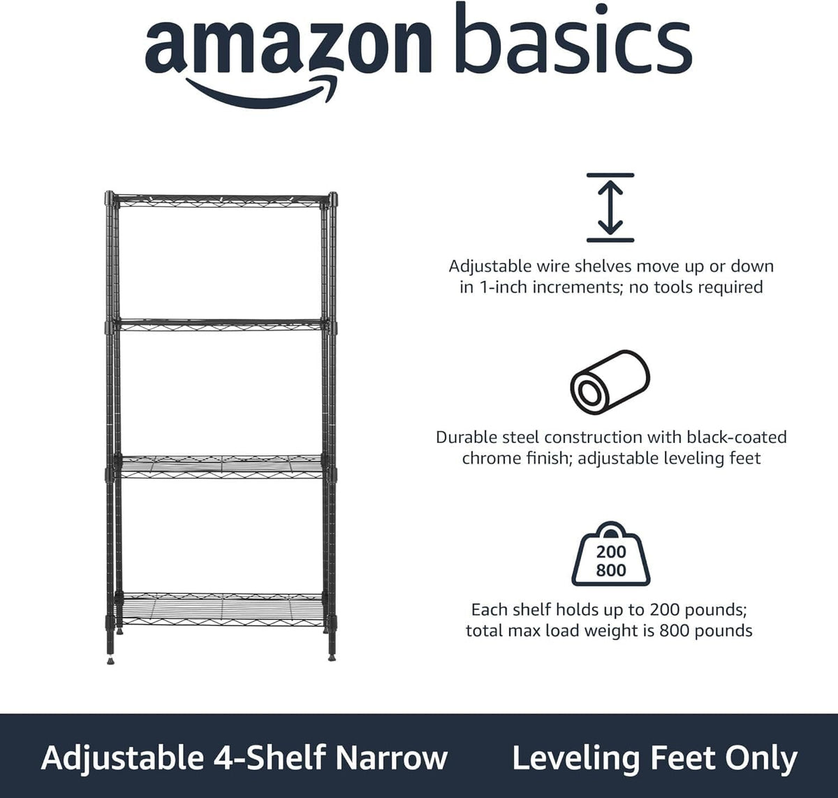 ya 26 10.21 baidi 4 Wire Stora Shelves, Adjustable, Sturdy, Easy to Assemble, Black