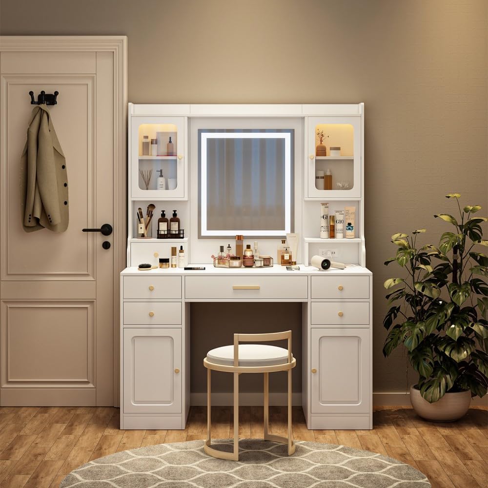 ya 28 10.13 baidi Dresser Desk White Large Vanity Table Set - Mirror, 6 Drawers & Shelves