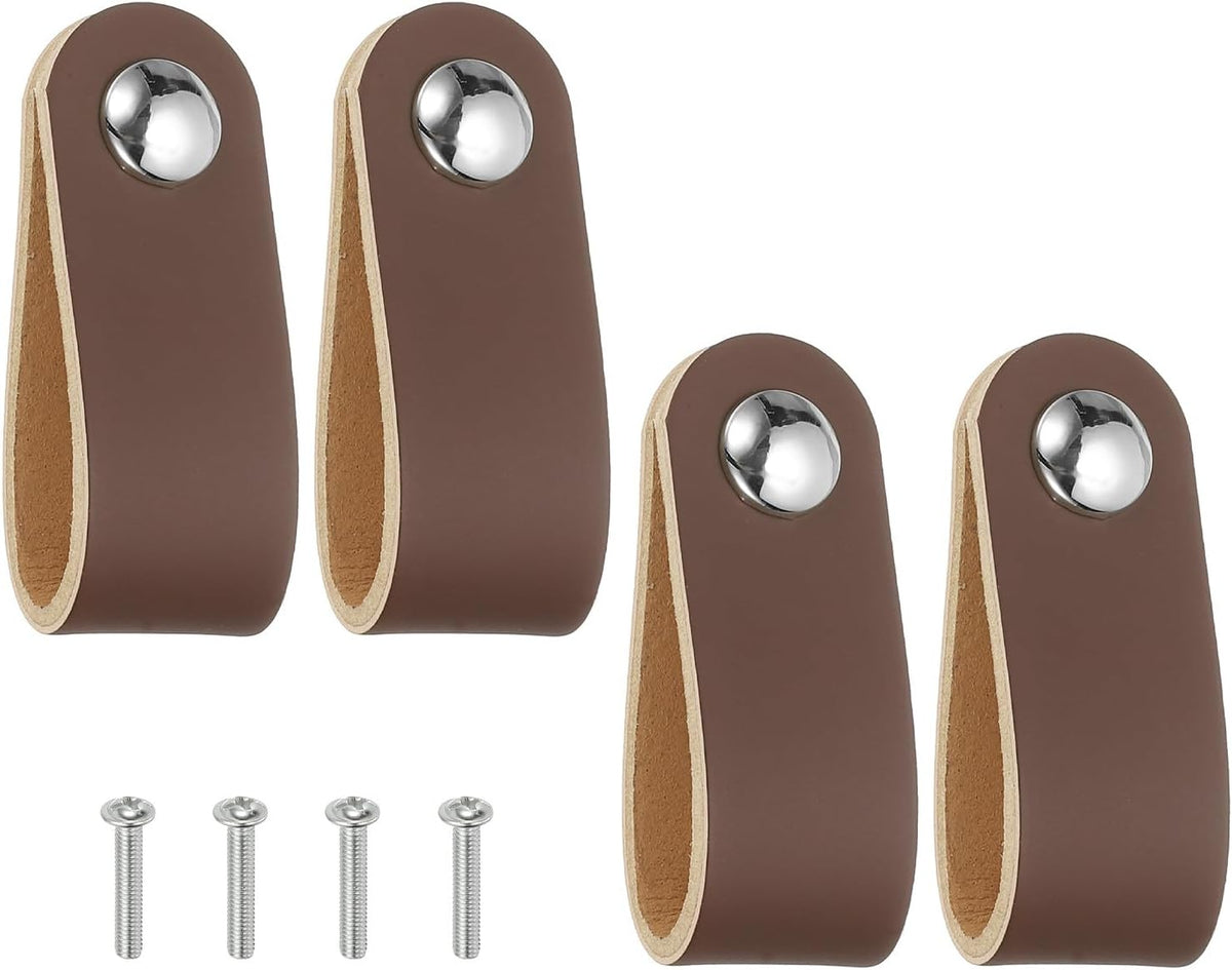 ya 26 10.21 baidi 4 Pcs Leather Drawer Pulls Single Hole Leather Handle with Screws Brown